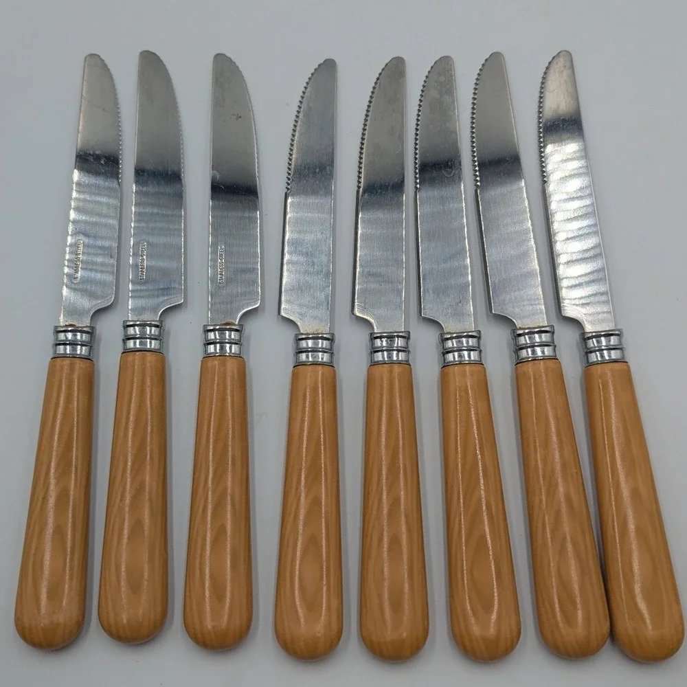 Cambridge Stainless Steel Flatware Set Faux Wood Grain Handles 23pc Rustic